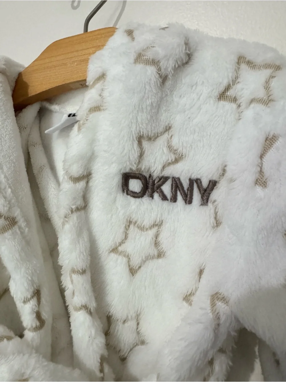 DKNY White Plush Hooded Kids Robe with Tan Star Print